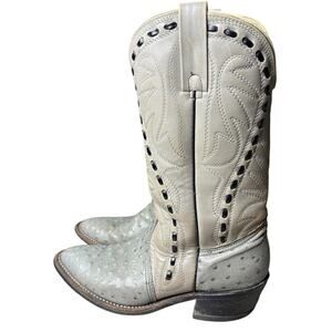 Durango Mens 9D Leather Cowboy Boots Ostrich Pointed Toe Gray Made In USA